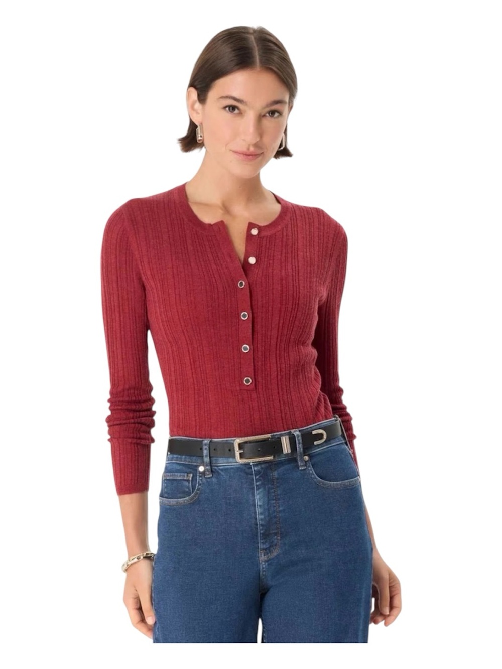 WHBM Women’s LS Henley Sweater Heathered Dark Rouge size Medium